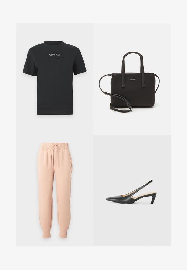 Čierne bavlnené tričko s okrúhlym výstrihom, kratkými rukávmi a bielou potlačou loga "Calvin Klein" a textu "Established 1968".; Svetloružové tepláky s elastickým pásom a nastaviteľnou šnúrkou, s úzkymi manžetami a bočnými vreckami, vyrobené z jemného materiálu.; Čierne slingback topánky s ostrou špičkou a nízkym opätkom, vyrobené z hladkej kože a s výrezmi na boku pre lepšiu priedušnosť.; Čierna kabelka s dvojitými krátkymi rúčkami a odnímateľným ramenným popruhom. Hladký materiál podobný koži s uzatváraním na zips a detailom loga.