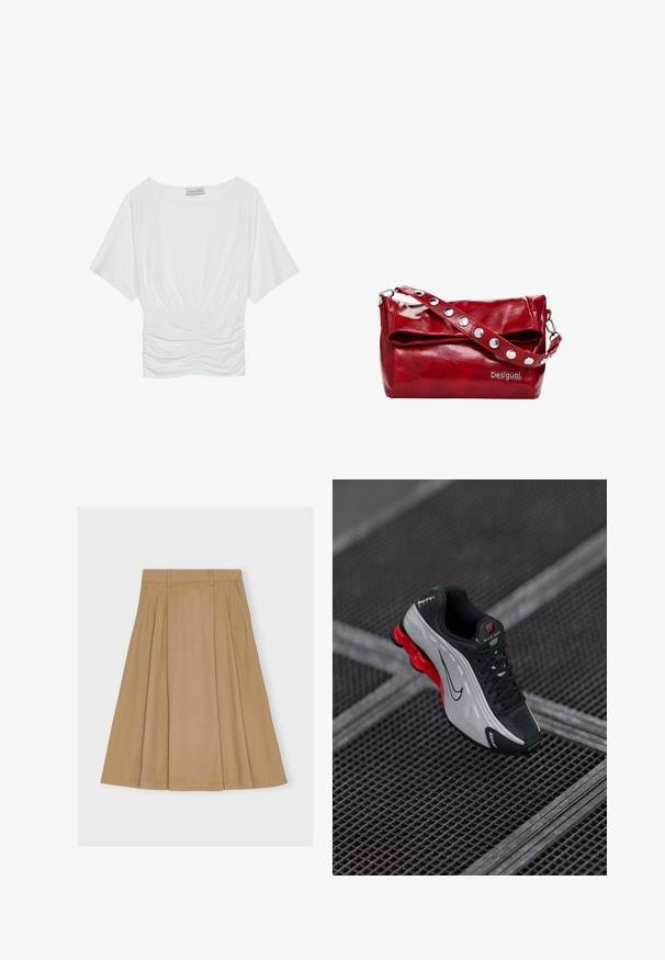 Fehér, rövid ujjú, laza szabású top, amelyen redőzött dizájn található a deréknál, sima szövettextúrával. Címke: Anna Field.; Térd középig érő, bélelt szoknya világosbarna pamutból, igényes derékpánttal, övhurkokkal és egyenes szegéllyel.; Fekete és szürke sportcipő piros párnázott talppal, fekete fűzőkkel és swoosh logóval, fémből készült rácsos felületen.; Piros szintetikus bőrből készült válltáska, hajtószárnyú fedéllel, ezüst snap díszítéssel a pánton és nyomtatott "Desigual" logóval.