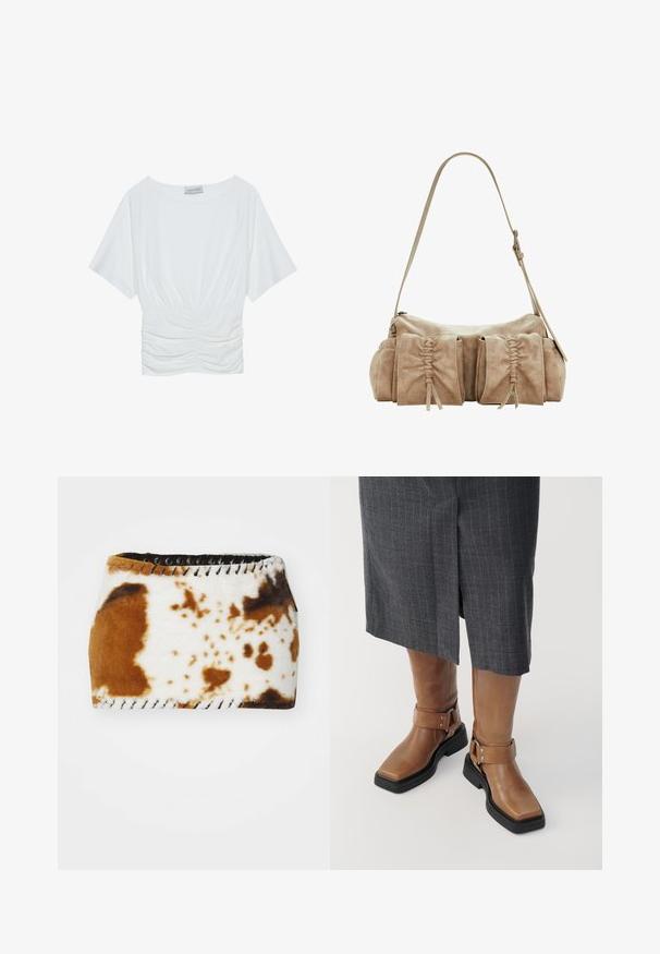 Top alb cu mânecă scurtă, cu o croială lejeră, prezentând un design plisat și adunat la talie și o textură de material neted. Etichetă: Anna Field.; Țesătură cu model de piele de vacă maro și alb, cu o textură moale, finisată cu detalii de dantelă neagră pe margini.; Botine din piele maro, până la genunchi, cu vârf pătrat, talpă din cauciuc negru și detalii cu curea reglabile. Purtați cu o fustă gri cu dungi.; Geantă de mână din suede bej, cu o formă rotundă, având trei buzunare pliate pe partea din față și o singură curea ajustabilă.
