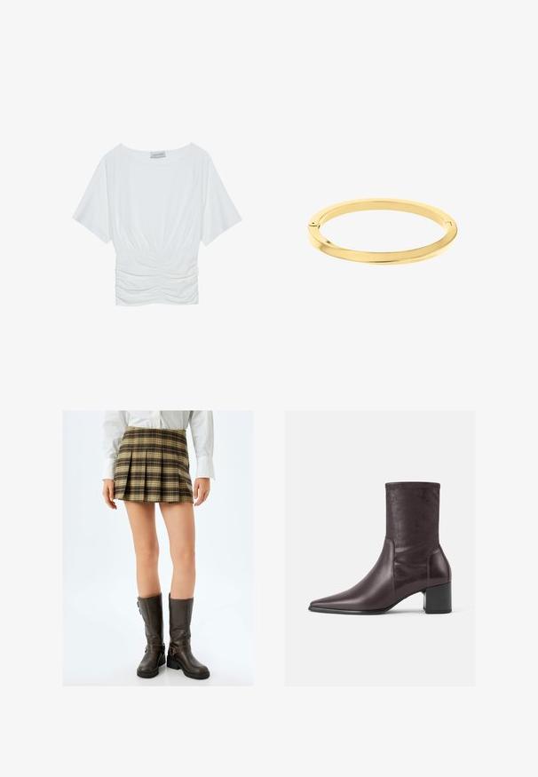 Top blanco de manga corta con un corte holgado, que presenta un diseño fruncido en la cintura y una textura de tela suave. Etiqueta: Anna Field.; Minifalda de cuadros marrones con pliegues, detalles en beige y verde, combinada con botas altas marrones ajustadas hasta la rodilla, con hebillas y un acabado texturizado.; Botines burdeos hechos de cuero suave con punta afilada y tacón bloque. El caña es elegante y ajustado, extendiéndose hasta la mitad de la pantorrilla.; Brazalete de oro delgado y pulido con forma redonda y suave, con un sutil branding. Presenta un diseño sin costuras y una estética minimalista.