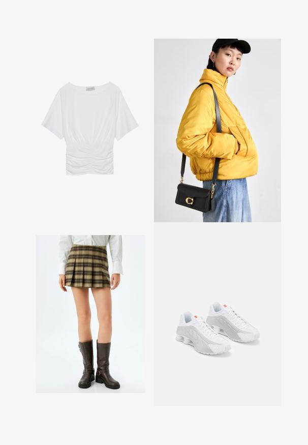 Valkoinen lyhythihainen paita, jossa on rento istuvuus, ja vyötäröllä on poimittu rypytysdesign sekä sileä kangas. Merkki: Anna Field.; Ruskea ruudullinen laskostettu mini-hame, jossa on beigejä ja vihreitä yksityiskohtia, yhdistettynä tiukkahempiin ruskeisiin polvipitkiin saappaisiin, joissa on solkia ja tekstuuri. ; Valkoiset juoksukengät harmailla yksityiskohdilla, joissa on teksturoitu päällinen, rei'itykset ilmanvaihtoa varten ja segmentoitu kanta vaimennusta varten.; Keltainen pehmustettu takki korkean kauluksen ja etutaskun kanssa, yhdistettynä mustaan olkalaukkuun, jossa on kultaiset yksityiskohdat. Rentouttavat farkut.