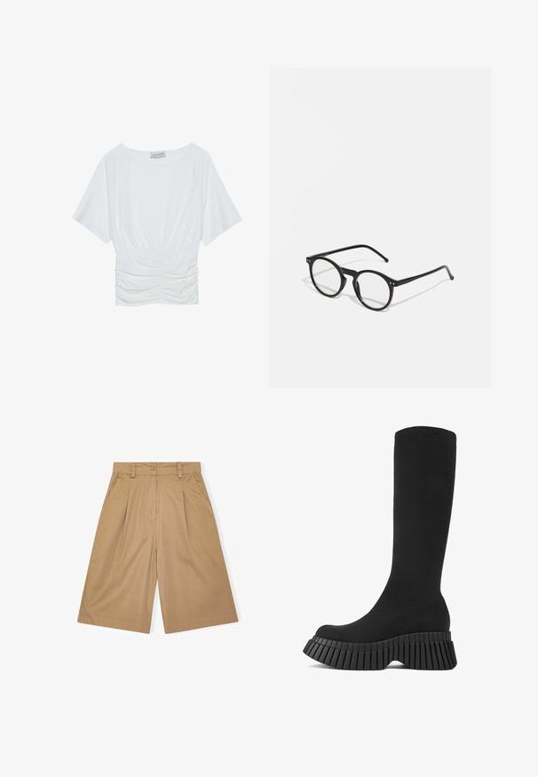 Bílý top s krátkým rukávem a volnějším střihem, s nařaseným designem v pase a hladkým povrchem látky. Značka: Anna Field.; Béžové bavlněné kraťasy s uvolněným střihem, mají sklady, zapínání na knoflík a boční kapsy. Hladký povrch a délka ke kolenům.; Černé vysoké kozačky po kolena s žebrovanou platformou a texturovaným svrškem. Elegantní, přiléhavý design s kulatou špičkou a bez viditelného kování.; Kulaté černé sluneční brýle s průhlednými čočkami, tenkými černými rameny a malými kovovými akcenty na přední straně. Klasický design s minimalistickým stylem.