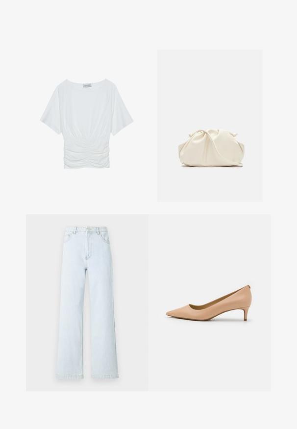 Bijela majica kratkih rukava s opuštenim krojem, koja se ističe nabranoj teksturom na struku i glatkim materijalom. Etiketa: Anna Field.; Svijetloplave traper široke hlače s visokim strukom, dizajnom od pet džepova i zlatnim šavovima. Glatka tekstura i ravni kroj.; Cipele s uskim vrhom u svijetloplavoj koži, s niskom potpeticom, glatkom površinom i minimalističkim dizajnom s suptilnim detaljem na leđima.; Torba od mekanog umjetnog kože krem boje s nabranim dizajnom, podesivim remenom i suptilnim zatvaranjem uzicom. Glatka tekstura i zaobljen oblik.