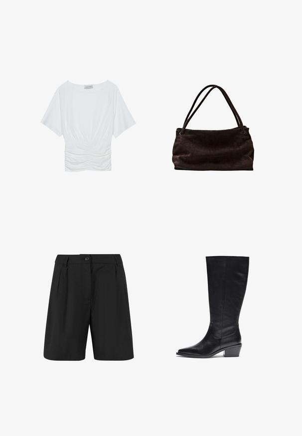 Witte top met korte mouwen in een relaxed fit, met een geraffineerd ruches ontwerp bij de taille en een gladde stoftextuur. Label: Anna Field.; Zwarte shorts met een op maat gemaakte ontwerp, met voorplooien, een vlakke voorkant en een enkele knoopsluiting. Gladde stof textuur.; Zwarte leren kniehoge laarzen met een puntige neus, een gestructureerde afwerking en een taps toelopende blokhak. Naaddetails op de schacht.; Bruine suède schoudertas met twee lange schouderbanden, zachte textuur en gladde oppervlakte. Kenmerkt zich door een ruime, flexibele vorm.