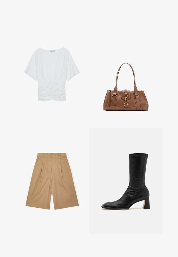 Biela krátka blúzka s uvoľneným strihom, ktorá sa vyznačuje zbieraným designom v oblasti pásu a hladkou textúrou látky. Značka: Anna Field.; Béžové bavlnené šortky s uvoľneným strihom, s plisovaním, zapínaním na gombík a bočnými vreckami. Hladký materiál a dĺžka po kolená.; Čierna kožená členková obuv s priliehavým zvrškom, špicatou špičkou a hrubým podpätkom. Vyznačuje sa hladkou textúrou a minimálnym švíkom.; Hnedá kožená kabelka s dvojitými uchami, zlatými kovovými akcentmi a pevnou konštrukciou. Obsahuje centrálne klapku s detailom vo forme slučky.