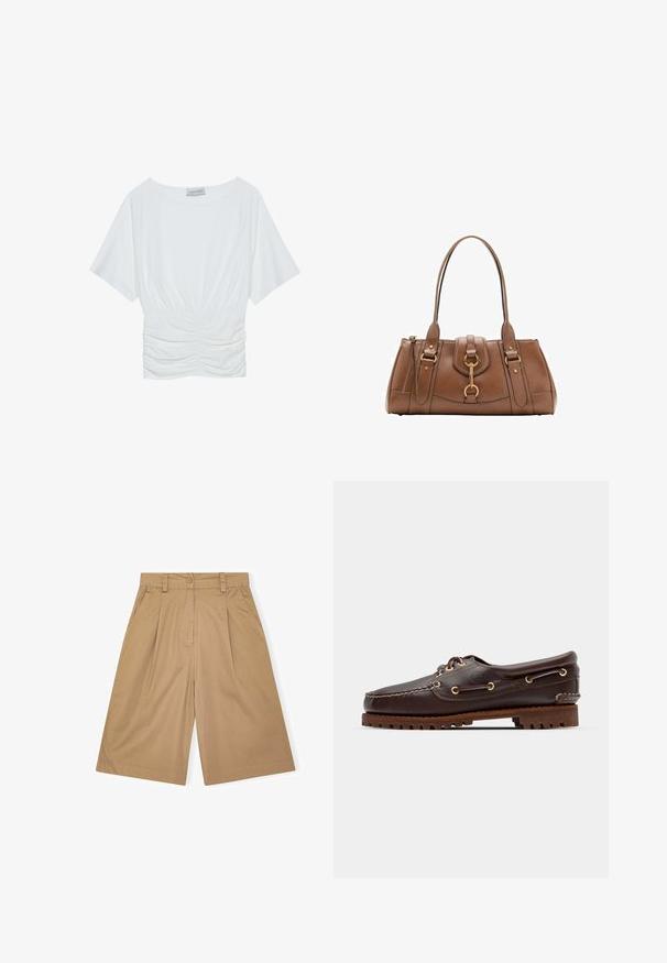 Bela majica s kratkimi rokavi in sproščenim krojem, z nabranim oblikovanjem v predelu pasu in gladko teksturo tkanine. Oznaka: Anna Field.; Bež hlače iz bombaža s sproščenim krojem, ki vključujejo gube, gumbasto zapiranje in stranske žepke. Gladka tekstura in dolžina do kolen.; Rjave usnjene čolnarske čevlje z zlatimi očesi, okroglicami in teksturiranim rjavim gumijastim podplatom. Ima šivano podrobno obdelavo in dvignjen logotip.; Rjava usnjena torba z dvema ročajema, zlatimi kovinskimi detajli in strukturirano zasnovo. Ima osrednjo preklopno zanko z detajlom zanko.