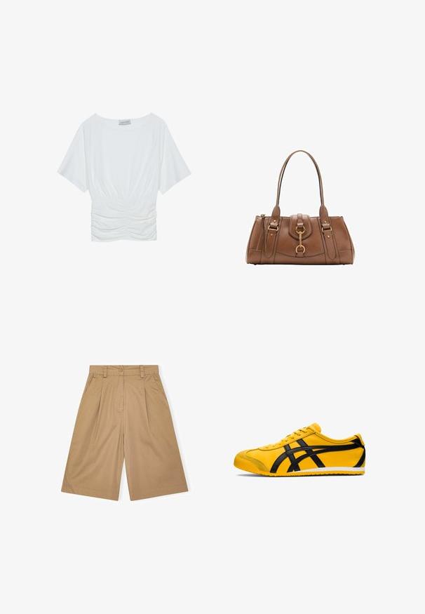 Bílý top s krátkým rukávem a volnějším střihem, s nařaseným designem v pase a hladkým povrchem látky. Značka: Anna Field.; Béžové bavlněné kraťasy s uvolněným střihem, mají sklady, zapínání na knoflík a boční kapsy. Hladký povrch a délka ke kolenům.; Žlutá sportovní bota s černými akcenty, hladký kožený povrch, křivkový design, kulatá špička, plochá bílá podešev a výrazné logo na boku.; Hnědá kožená kabelka s dvojitými uchy, zlatými kovovými detaily a strukturovaným designem. Disponuje centrálním klopovým uzávěrem s detailním poutkem.