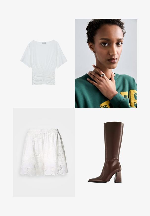 Bijela majica kratkih rukava s opuštenim krojem, koja se ističe nabranoj teksturom na struku i glatkim materijalom. Etiketa: Anna Field.; Cras Kratke hlače - white; Smeđa kožnata čizma do koljena s šiljatim vrhom i debelom petom srednje visine prikazana s bočne strane na bijeloj pozadini.; Srebrna prsten s glatkim, zakrivljenim dizajnom koji sadrži akcent zvijezde. Model nosi zeleni duksericu s žutim natpisom, ruke blizu vrata.