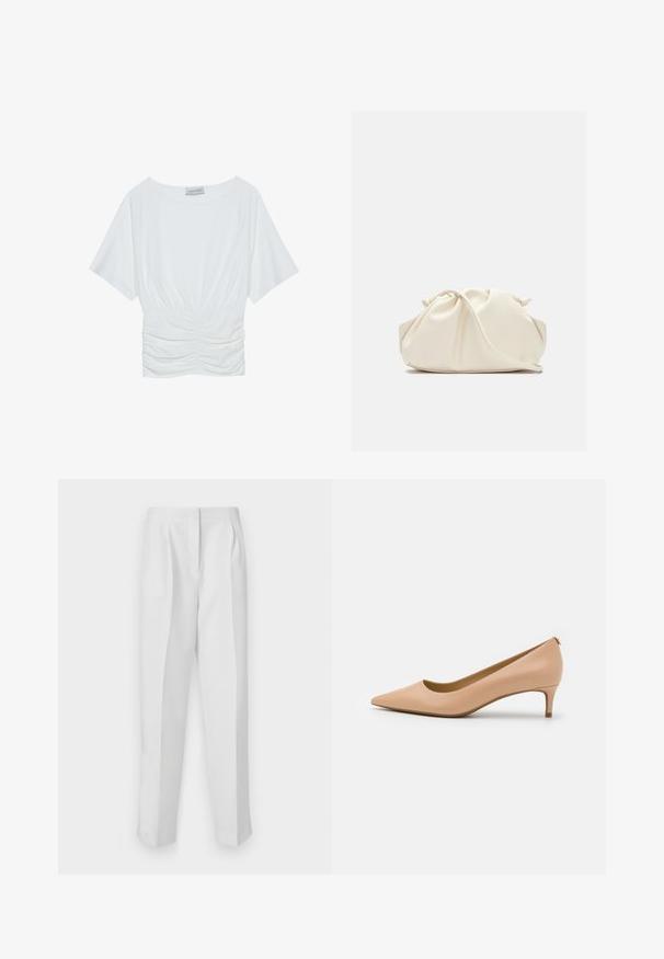 White short-sleeve top with a relaxed fit, featuring a gathered ruched design at the waist and smooth fabric texture. Label: Anna Field.; White tailored trousers with a straight fit, featuring front pleats, two side pockets, and a clean waistband for a polished look.; Pointed-toe pump in light beige leather, featuring a low heel, smooth surface, and minimalist design with a subtle back detail.; Cream-colored, soft faux leather bag with gathered design, adjustable strap, and subtle drawstring closure. Smooth texture and rounded shape.