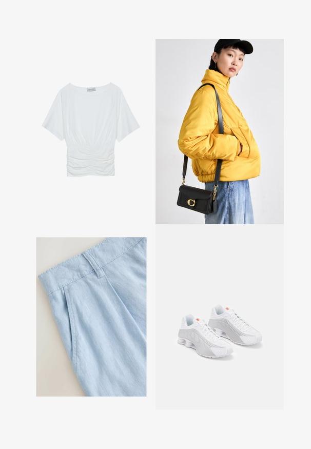 Top alb cu mânecă scurtă, cu o croială lejeră, prezentând un design plisat și adunat la talie și o textură de material neted. Etichetă: Anna Field.; Shorts din in albastru deschis cu un design plisat, având un brâu și detalii de cusătură. Textură netedă și stil casual.; Pantofi de alergare albi cu accente gri, având un superior texturat, perforații pentru ventilație și un călcâi segmentat pentru amortizare.; Geacă galbenă căptușită cu guler înalt și buzunar frontal, asociată cu o geantă de umăr neagră cu accesorii aurii. Pantaloni casual din denim.