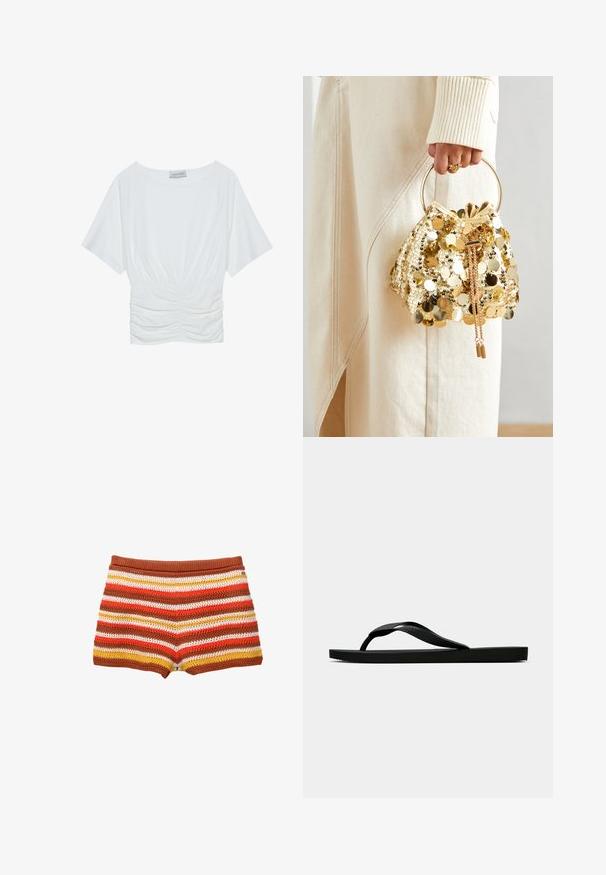 Valkoinen lyhythihainen paita, jossa on rento istuvuus, ja vyötäröllä on poimittu rypytysdesign sekä sileä kangas. Merkki: Anna Field.; Crochet-shortsit, joissa on vaakaraitoja punaisena, oranssina, keltaisena ja valkoisena, sekä yksivärinen ruskea vyötärö. Pehmeä, teksturoitu kangas.; Musta kumisaapas sandaali, jossa on teksturoitu thong-hihna ja yksinkertainen litteä pohja, esitetty sivustolta vaalealla taustalla.; Kultaista paljettikangasta oleva nyöriolkalaukku, jossa on pyöreä kahva, kiiltävät pyöreät paljetit ja teksturoitu kangas. Mittoja ei ole ilmoitettu.