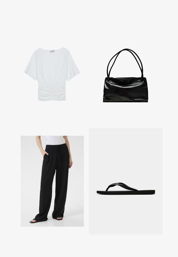 Witte top met korte mouwen in een relaxed fit, met een geraffineerd ruches ontwerp bij de taille en een gladde stoftextuur. Label: Anna Field.; Zwarte, loszittende broek van zachte stof met een elastische tailleband, verstelbaar trekkoord en zijzakken. Uitlopende pijpontwerp.; Zwarte rubberen flip-flop sandaal met een getextureerde strap en een eenvoudige platte zool, zijaanzicht op een effen lichte achtergrond.; Zwarte leren tas met een gladde structuur, rechthoekige vorm en twee lange handgrepen. Eenvoudig ontwerp zonder zichtbare hardware of versieringen.