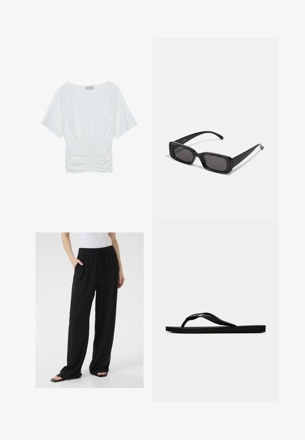 White short-sleeve top with a relaxed fit, featuring a gathered ruched design at the waist and smooth fabric texture. Label: Anna Field.; Black, loose-fitting pants made of soft fabric with an elastic waistband, adjustable drawstring, and side pockets. Flared leg design.; Black rubber flip-flop sandal with a textured thong strap and simple flat sole, shown from side on a plain light background.; Black rectangular sunglasses with dark lenses, glossy finish, wide arms, and a chunky frame design. Engraved brand name on one arm.