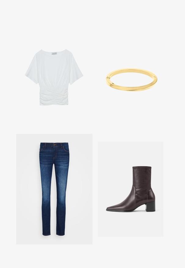 Top blanco de manga corta con un corte holgado, que presenta un diseño fruncido en la cintura y una textura de tela suave. Etiqueta: Anna Field.; Pantalones vaqueros de mezclilla de color azul oscuro con un corte ajustado, diseño de cinco bolsillos y cierre de botón. Presenta un sutil desgastado y detalles bordados en color contrastante.; Botines burdeos hechos de cuero suave con punta afilada y tacón bloque. El caña es elegante y ajustado, extendiéndose hasta la mitad de la pantorrilla.; Brazalete de oro delgado y pulido con forma redonda y suave, con un sutil branding. Presenta un diseño sin costuras y una estética minimalista.