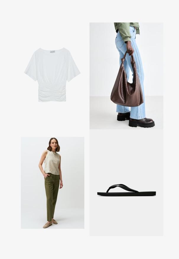 White short-sleeve top with a relaxed fit, featuring a gathered ruched design at the waist and smooth fabric texture. Label: Anna Field.; Beige linen sleeveless top with a round neckline, paired with green straight-leg trousers. The model wears light beige slip-on shoes.; Black rubber flip-flop sandal with a textured thong strap and simple flat sole, shown from side on a plain light background.; Brown woven leather tote bag with knotted handles, carried by a person in light blue jeans and black chunky shoes. Smooth, textured surface.