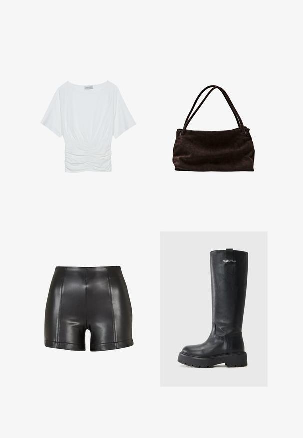 Vit kortärmad topp med en avslappnad passform, med en rynkad design vid midjan och en mjuk tygkvalitet. Märke: Anna Field.; Svart fusk skinnshorts med hög midja, slät textur och synlig sömnad längs framsidan och nederkanten.; Höga svarta läderstövlar med rund tå, tjock plattformssula och strukturerad yta. Utrustad med en logotyp och en dragflik bak.; Brun mockaskinns toteväska med två långa axelremmar, mjuk textur och slät yta. Har en rymlig, flexibel silhuett.