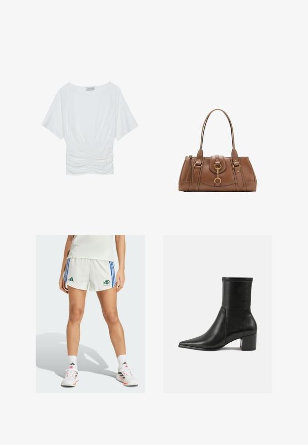 Haut blanc à manches courtes avec une coupe décontractée, présentant un design froncé à la taille et une texture de tissu lisse. Étiquette : Anna Field.; Shorts de sport blancs avec des rayures bleues et un logo vert. Associés à des baskets blanches et noires et des chaussettes blanches. Design simple.; Bottine noire en cuir lisse, avec un bout pointu, un talon carré et des coutures surélevées distinctes au bord supérieur.; Sac à main en cuir marron avec double poignées, accents en métal doré et design structuré. Il présente un rabat central avec un détail en boucle.