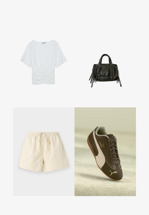 Witte top met korte mouwen in een relaxed fit, met een geraffineerd ruches ontwerp bij de taille en een gladde stoftextuur. Label: Anna Field.; Beige shorts met elastische tailleband en trekkoord, met een relaxte pasvorm en gladde textuur. Geen zichtbare zakken of patronen.; Bruine Puma sneaker met een beige streep en logo, met veters, rustend op een gestructureerde beige ondergrond.; Zwarte lederen handtas met gevlochten handvatten, ritsvak en hangende franjes. Gelaagde oppervlakte met metalen studs en hardwareaccenten.