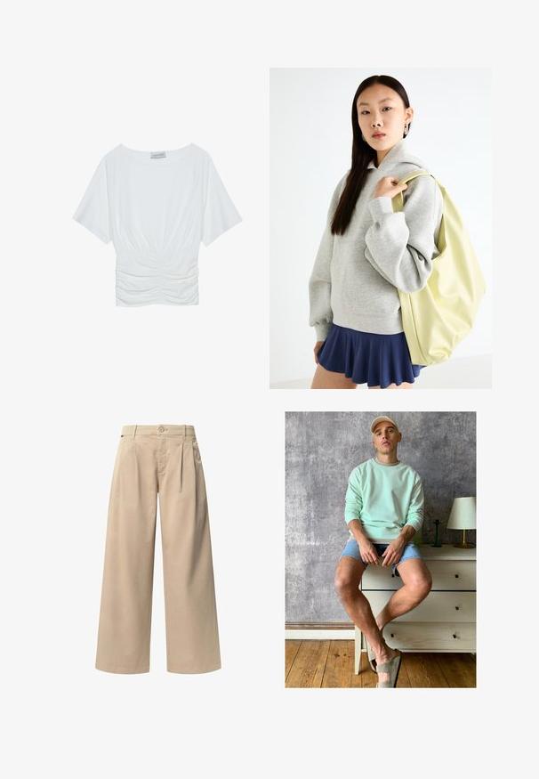 Bela majica s kratkimi rokavi in sproščenim krojem, z nabranim oblikovanjem v predelu pasu in gladko teksturo tkanine. Oznaka: Anna Field.; Bež široke hlače s dvema sprednjima gubama, gumbom za zapiranje in gladko teksturo. Zasnovane za udobje in ohlapen kroj.; Menta zelena majica, jeans kratke hlače in olivno zelene natikače. Sedi na svetlem predalu ob teksturirani sivi steni.; Siva prevelika kapuca s kenguru žepom, uparena s mornarsko plavom suknjom s volanima. Dodatak: veliki svijetložuti ruksak, glatke teksture.