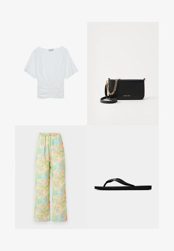 Witte top met korte mouwen in een relaxed fit, met een geraffineerd ruches ontwerp bij de taille en een gladde stoftextuur. Label: Anna Field.; Wijdvallende broeken in een lichte stof met een pastelpatroon van vissen en planten. Elastische taille met een trekkoorddetail.; Zwarte rubberen flip-flop sandaal met een getextureerde strap en een eenvoudige platte zool, zijaanzicht op een effen lichte achtergrond.; Zwarte leren clutch met een gouden kettingaccent, een gladde textuur en gouden logo-details. Inclusief een verstelbare schouderband voor veelzijdigheid.