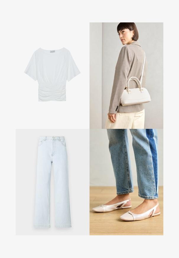 Balta trumpa rankovėmis palaidinė su laisvu siluetu, su susiraukšlėjimu ties juosmeniu ir lygiu audinio paviršiumi. Etiketė: Anna Field.; Šviesiai mėlynos džinsinės plačios kojų kelnės su aukštu juosmeniu, penkių kišenių dizainu ir auksinėmis siūlėmis. Lygus paviršius ir tiesus kirpimas.; Šviesiai rožiniai slingback baleto bateliai su smailiu pirštu, pagaminti iš lygios odai panašios medžiagos. Yra išpjovimų detalės šonuose ir plokščias kulnas.; Balta struktūruota rankinė su trumpomis rankenomis ir peties diržu, su auksinėmis detalėmis ir tekstūruota medžiaga, pastatyta prieš pilką foną.