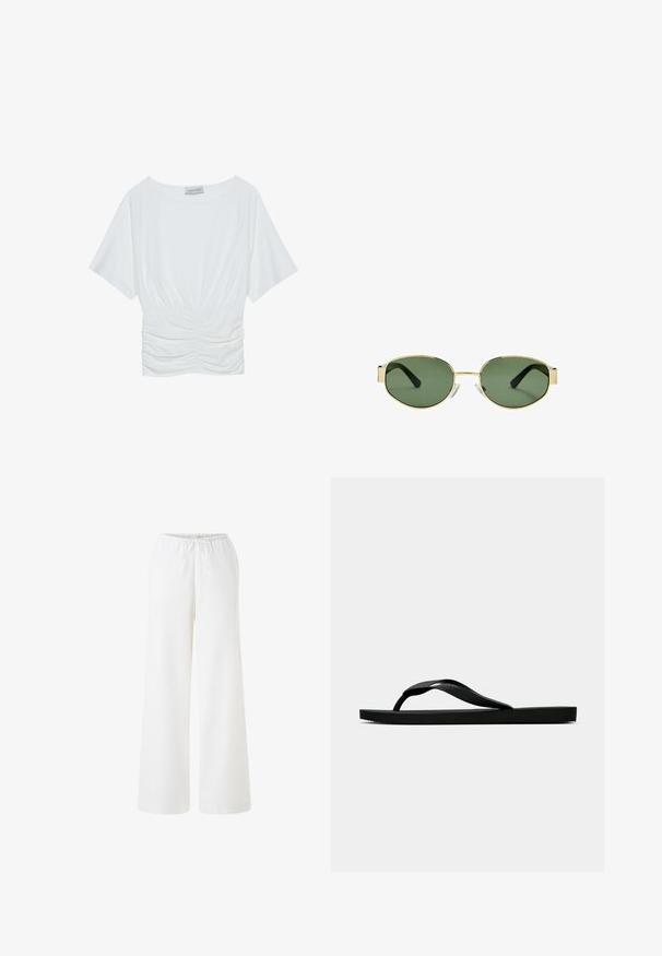 White short-sleeve top with a relaxed fit, featuring a gathered ruched design at the waist and smooth fabric texture. Label: Anna Field.; White wide-leg pants made of lightweight fabric with an elastic waistband and drawstring. Smooth texture, no patterns or accents visible.; Black rubber flip-flop sandal with a textured thong strap and simple flat sole, shown from side on a plain light background.; Gold metal-framed sunglasses with green tinted lenses, oval shape, black temples, and clear nose pads. Clean, minimalist design.