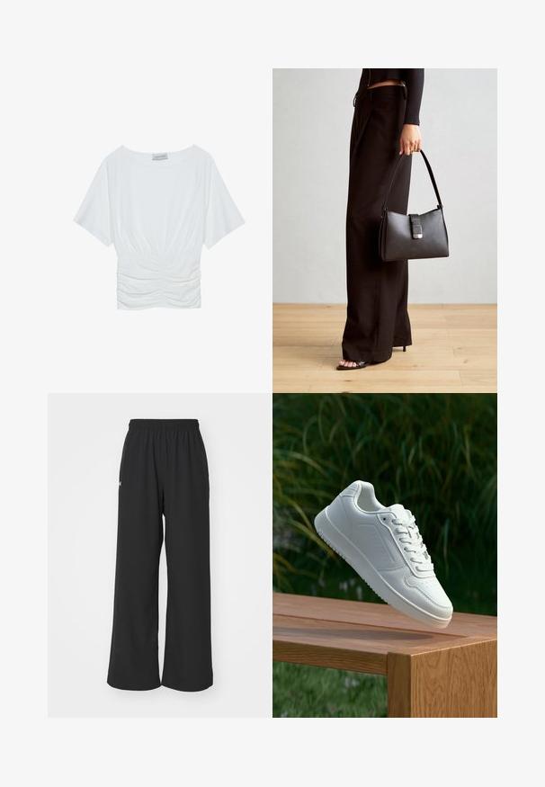 Top blanco de manga corta con un corte holgado, que presenta un diseño fruncido en la cintura y una textura de tela suave. Etiqueta: Anna Field.; Pantalones de pierna ancha negros con cintura elástica, confeccionados en una tela suave, con un diseño minimalista y un pequeño logo en el costado.; Zapatilla blanca con un upper sintético suave, caja de dedos perforada, cordones planos y una suela texturizada, exhibida sobre una superficie de madera.; Bolso negro con forma estructurada, textura suave y un cierre metálico. Combinado con pantalones anchos negros y sandalias de dedo en un suelo de madera.