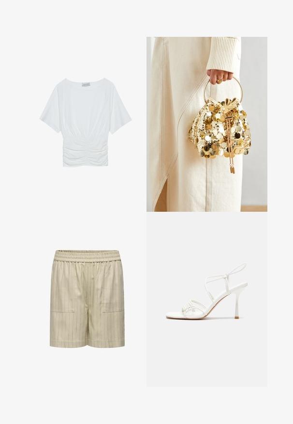 Biały krótki top z luźnym krojem, z marszczonym wzorem w talii i gładką strukturą materiału. Metka: Anna Field.; Beżowe szorty bawełniane w pionowe paski, z elastycznym paskiem w talii i dwiema przednimi kieszeniami, o luźnym, swobodnym kroju i gładkiej fakturze.; Białe sandały na wysokim obcasie z paskami, z płaską bazą na palcach, teksturowanym przodem z marszczonymi akcentami oraz cienkim paskiem na kostce.; Złota torebka worek z cekinami, z okrągłym uchwytem, ozdobiona błyszczącymi okrągłymi cekinami oraz teksturowanym materiałem. Wymiary nie są podane.; Srebrne metalowe kolczyki o falistym, rzeźbiarskim wzorze z polerowanym wykończeniem i nieregularnymi kształtami, podkreślające nowoczesny estetykę.