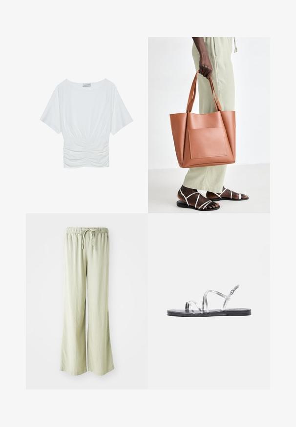 Balta īsām piedurknēm augšdaļa ar brīvu piegriezumu, kas ietver savelku dizainu jostas vietā un gludu auduma tekstūru. Etiķete: Anna Field.; Gaiši zaļas, platās bikses ar elastīgu jostu un auklu. Izgatavotas no mīksta, teksturēta auduma; apdarinātas malās bez redzamām rakstām.; Sudraba siksnas sandales ar platu melnu zoli, ar plānām metāliskām siksnām un regulējamu potītes sprādzi. Gluda virsma visā virsmā.; Tan krāsas ādas somiņa ar taisnstūra priekšpusi, plakaniem rokturiem un strukturalizētu dizainu. Valkāta kopā ar gaiši zaļiem biksēm un sandaliem ar siksniņām.