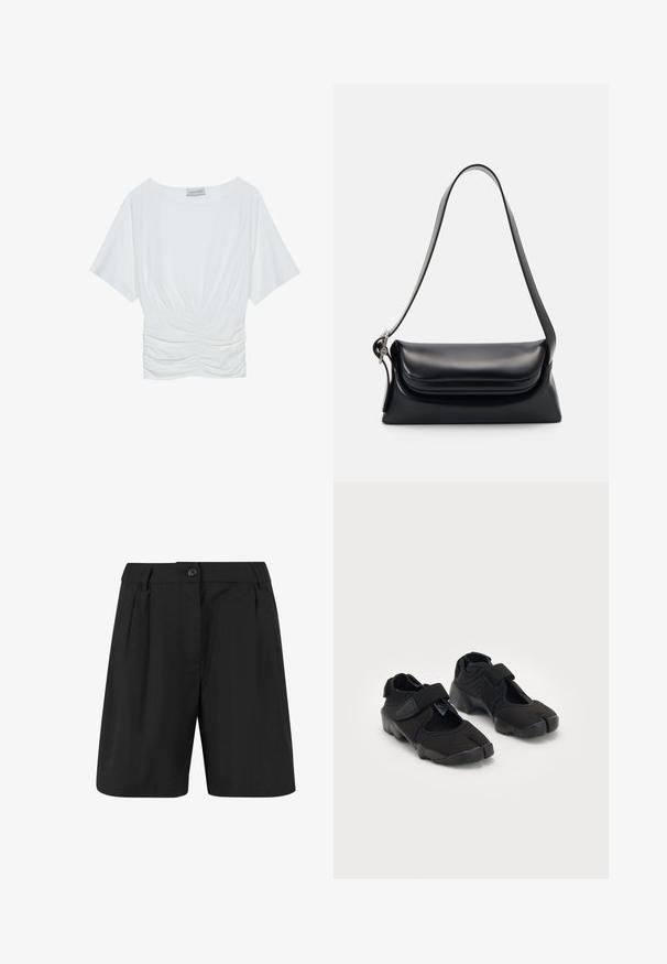Bílý top s krátkým rukávem a volnějším střihem, s nařaseným designem v pase a hladkým povrchem látky. Značka: Anna Field.; Černé šortky s úpravou na míru, mají přední sklady, plochý přední díl a zapínání na jeden knoflík. Hladká textilie.; Černé vodní boty vyrobené z pružné tkaniny s suchým zipem, s jedinečným designem rozděleného prstu a texturovanou gumovou podrážkou pro lepší přilnavost.; Černá kožená kabelka se strukturovaným tvarem, hladkým povrchem a jedním ramenním popruhem. Obsahuje jemně zaoblený design klopy.