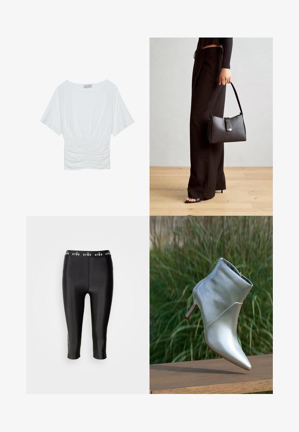Bela majica s kratkimi rokavi in sproščenim krojem, z nabranim oblikovanjem v predelu pasu in gladko teksturo tkanine. Oznaka: Anna Field.; Črne skrajšane legice z gloss učinkom, ki imajo širok pas z oznako "crās" in gladko teksturo. Brez vidnih šivov ali vzorcev.; Sijoč usnjeni gležnjarji s sijajno srebrno barvo, koničastim nosom in zadrgo, uravnoteženi na leseni površini pred ozadjem zelene trave.; Črna torbica z strukturirano obliko, gladko teksturo in kovinskim zaponko. Ujemajo se z širokimi črnimi hlačami in odprtimi sandali na lesenem tleh.