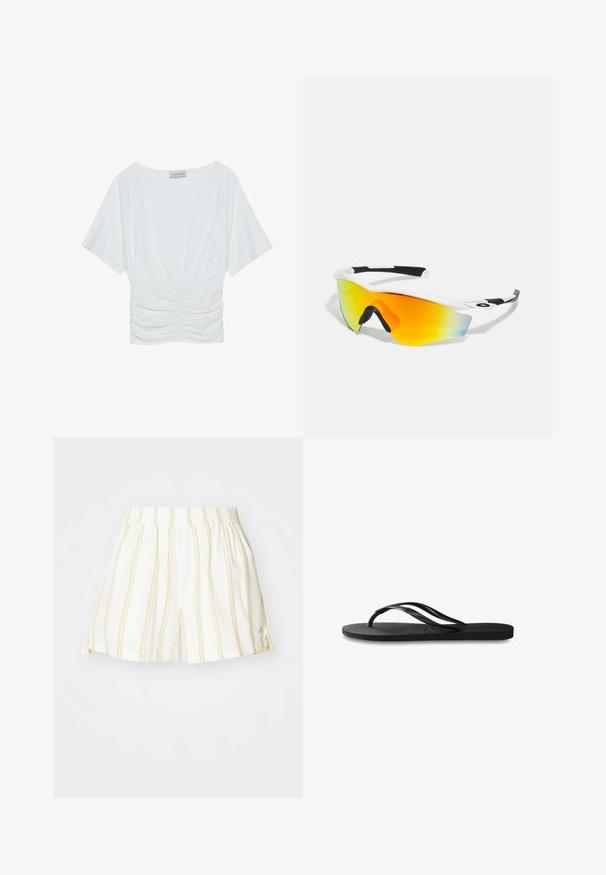 Top alb cu mânecă scurtă, cu o croială lejeră, prezentând un design plisat și adunat la talie și o textură de material neted. Etichetă: Anna Field.; Shorts albi cu dungi verticale subțiri galbene, talie elastică și fante laterale. Fabricate dintr-un material ușor și respirabil.; Încălțăminte tip flip-flop neagră cu o talpă din cauciuc texturat, două bretele subțiri și un detaliu discret, embosat cu logo pe bretea.; Ochelari de soare sport albi cu un design curbat, accente de cauciuc negre și un lentilă reflectorizantă portocalie-aurie care trece în albastru.; Mango Geantă de pânză - dark brown