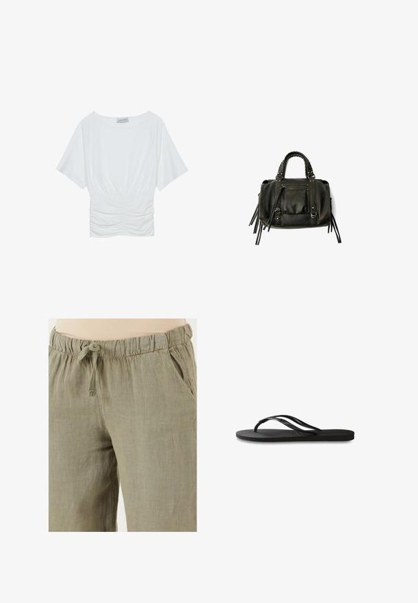 Witte top met korte mouwen in een relaxed fit, met een geraffineerd ruches ontwerp bij de taille en een gladde stoftextuur. Label: Anna Field.; Licht olijfgroene linnenbroek met een elastische tailleband en trekkoord; voorzien van zijzakken en een comfortabele pasvorm.; Zwarte flip-flop met een gestructureerde rubberen zool, twee slanke banden en een subtiele, ingedrukte logo-detail op de band.; Zwarte lederen handtas met gevlochten handvatten, ritsvak en hangende franjes. Gelaagde oppervlakte met metalen studs en hardwareaccenten.
