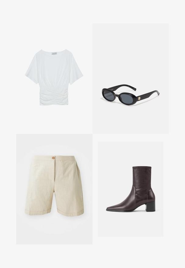 Balta trumpa rankovėmis palaidinė su laisvu siluetu, su susiraukšlėjimu ties juosmeniu ir lygiu audinio paviršiumi. Etiketė: Anna Field.; Bežiniai lininiai šortai su užsegimu, laisva forma ir apvartuomais kraštais. Lygi tekstūra su subtiliu audiniu raštu.; Burgundiško raudonos spalvos kulkšninių botų pagamintų iš lygaus odos, su smailiu padu ir masyviu kulnu. Šonai yra liekni ir prigludę, siekiantys iki blauzdos vidurio.; Juodos ovalios saulės akinių su tamsiais stiklais, blizgaus plastiko rėmas, plačios kojos ir mažas auksinis akcentas vienoje pusėje.