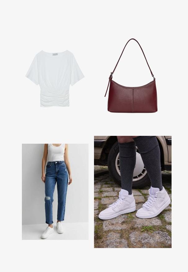 Vit kortärmad topp med en avslappnad passform, med en rynkad design vid midjan och en mjuk tygkvalitet. Märke: Anna Field.; Blå högmidjade denimjeans med avslappnad passform, som har slitna områden vid knäna och avslutas med en klassisk femficksdesign.; Vita högklackade sneakers med perforerat tåparti och texturerad gummisula, i kombination med mörkgrå knästrumpor, på en kullerstensyta.; Vinröd läderhandväska med en böjd form, en enkel axelrem och sömnadsdetaljer i mitten. Slät textur, minimal hårdvara.