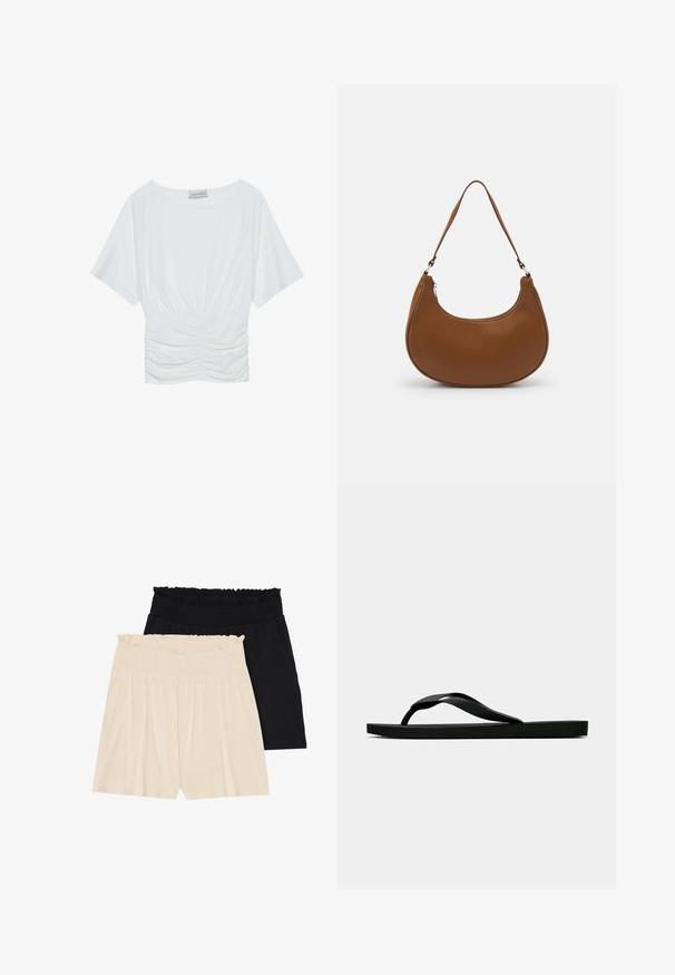 White short-sleeve top with a relaxed fit, featuring a gathered ruched design at the waist and smooth fabric texture. Label: Anna Field.; Two pairs of relaxed-fit shorts: one cream-colored and one black, both featuring ruffled elastic waistbands and soft, lightweight fabric.; Black rubber flip-flop sandal with a textured thong strap and simple flat sole, shown from side on a plain light background.; Brown curved handbag made of smooth synthetic material, featuring a single shoulder strap and a zip closure at the top.