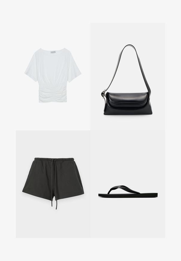 Haut blanc à manches courtes avec une coupe décontractée, présentant un design froncé à la taille et une texture de tissu lisse. Étiquette : Anna Field.; Shorts en coton noir avec une taille élastique et un cordon de serrage, présentant un design simple et une texture douce. Longueur courte et sans motifs.; Tong sandale en caoutchouc noir avec une bride en T texturée et une semelle plate simple, montrée de côté sur un fond clair.; Sac à main en cuir noir avec une forme structurée, une texture lisse et une seule bandoulière. Présente un design de rabat arrondi et subtil.