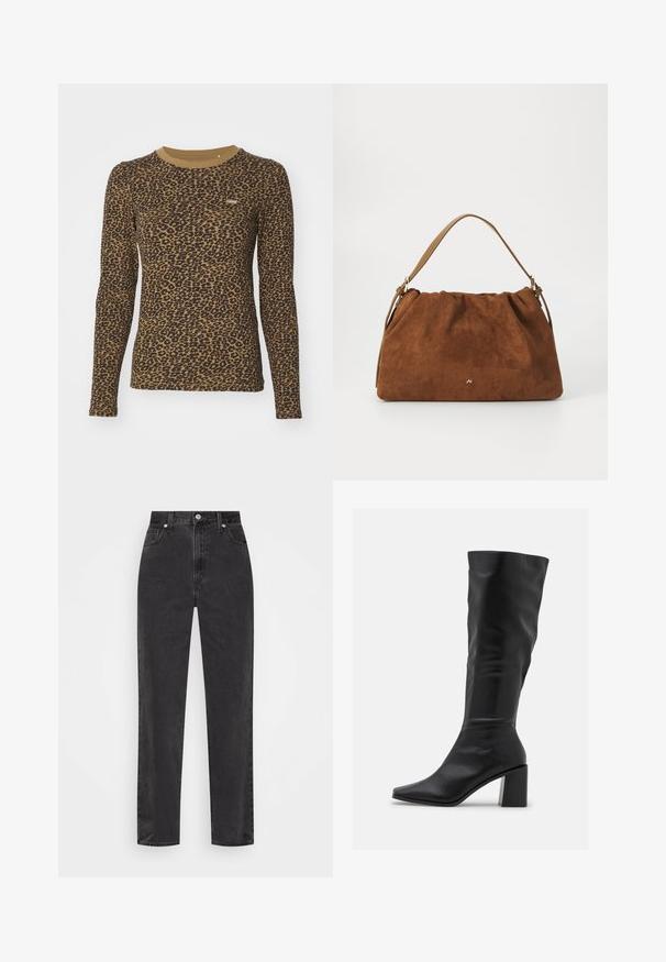 Brown long-sleeve t-shirt featuring a leopard print pattern, round neckline, and slight stretch. Small logo patch on the front.; Straight-leg black denim jeans with high waist, front button and zipper, and five-pocket styling on a white background.; RAID BLICK - Boots - black; Brown suede handbag with a gathered design, featuring a single tan leather strap and a subtle gold logo detail on the front.