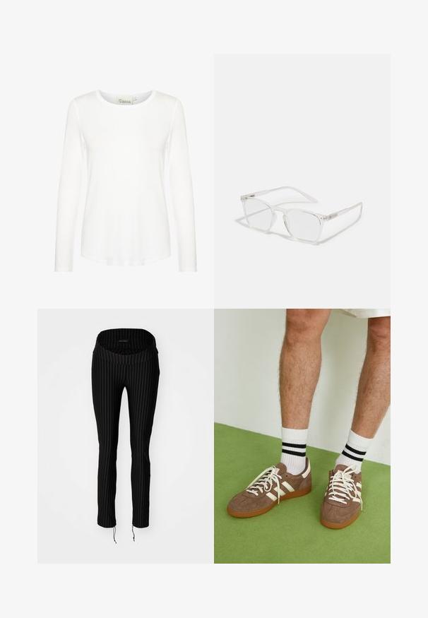 Balta ilga rankovė viršutinė dalis su apvalia apykakle. Pagaminta iš lygaus audinio, tinka prisiglaudusiai. Etiketė matoma ant kaklo. Be raštų ar akcentų.; Juodos juostelės kelnės su plačiu, sulankstytu juosmeniu ir raišteliais apačioje. Pagamintos iš tamprios medžiagos, užtikrinančios prigludusią siluetą.; Rudoni veršiai sportbačiai su baltais akcentais ir raišteliais. Gumos padu. Dėvimi su baltais kojinėmis, turinčiomis juodas juostas. Žalios tekstūruotos grindys.; CHPO ZEBBE UNISEX - Akiniai nuo mėlynosios šviesos - transperent