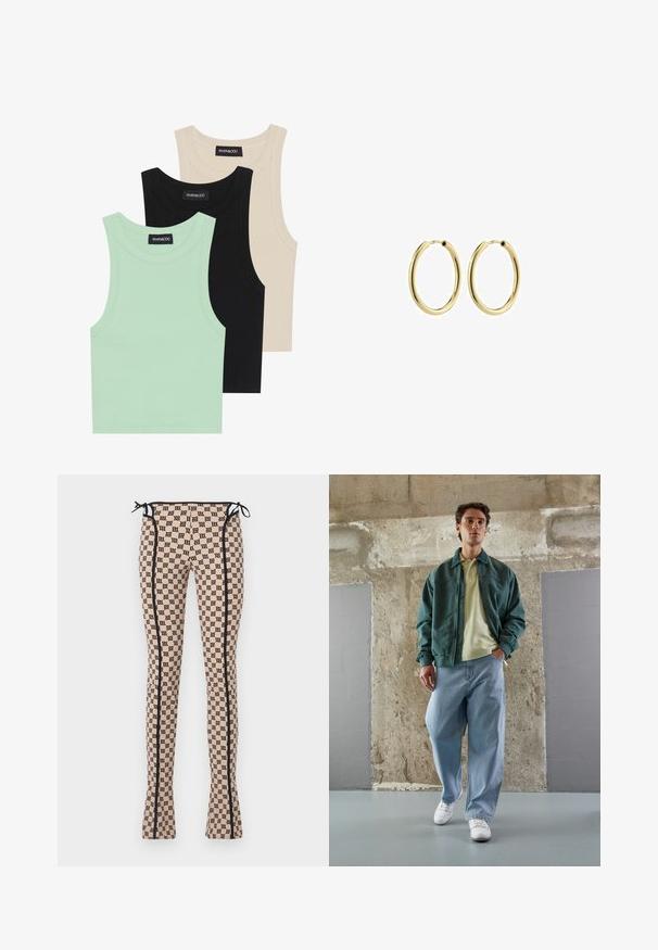 Tričko bez rukávov v mätovej zelenej, čiernej a béžovej farbe; vyrobené z rebrovanej tkaniny s okrúhlym výstrihom. Viditeľná značka značky.; Krátky rukáv košela na gombíky v bielej farbe s tenkými vertikálnymi modrými a červenými pásikmi, s bočným vreckom a zaobleným lemom.; Legíny s vzorom v svetlo broskyňovej farbe s čiernym potlačou loga, so čiernymi postrannými švami a viazaním na páse. Rozšírený dizajn.; Zelená bomberová bunda cez svetlo žltý polo tričko, v kombinácii s voľnými modrými džínsami a bielymi teniskami. Hladké látky, uvoľnený strih, minimálny hardware.; Zlaté kovové kruhové náušnice s hladkým povrchom, kruhovým tvarom a bezpečným zapínaním. Leštený povrch bez viditeľných vzorov alebo akcentov.