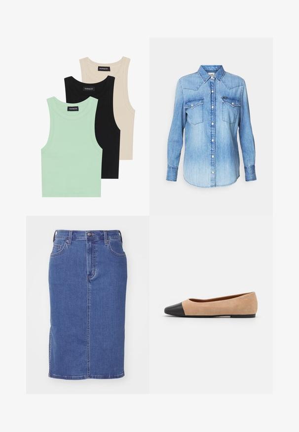 Trīs bezpiedurkņu topi mint zaļā, melnā un bēšā krāsā; izgatavoti no ribotas auduma ar apaļu dekoltē. Redzama zīmola etiķete.; Gaiši zils džinsa krekls ar garām piedurknēm, norādītu apkakli, divām krūšu kabatām, pogu priekšpusi un nelielu blekdēšanas ietekmi uz auduma. Redzama zīmola etiķete.; Denim svārki vidēji zilā krāsā, līdz ceļgaliem, ar taisnu dizainu. Aprīkoti ar priekšējo pogu aizdari, jostu cilpām un sānu spraugām apakšmalā.; Beigā zamšādas balerīnas ar melnu ādas noapaļotu purngalu, zemu papēdi un gludu tekstūru, ar minimālu dūrienu un tīru dizainu.