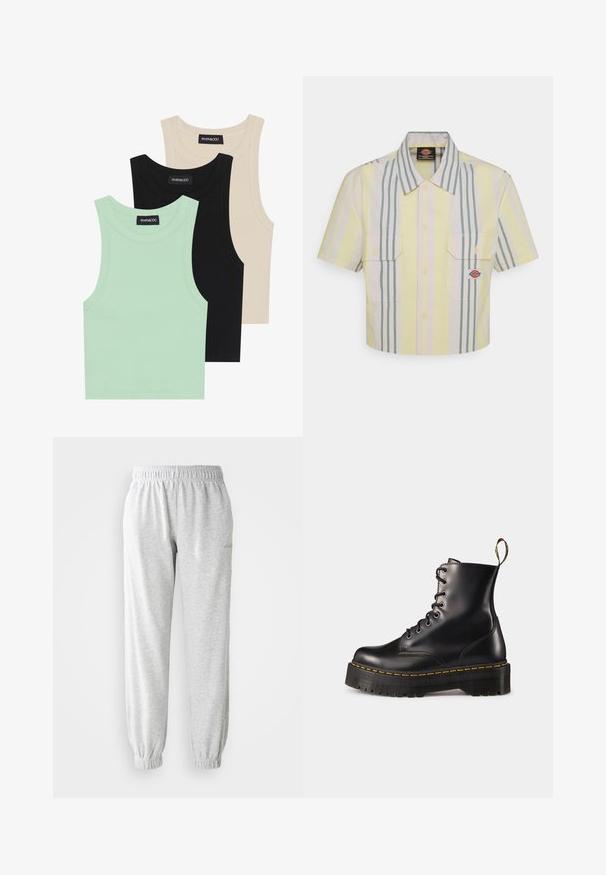 Three tank tops in mint green, black, and beige; made of ribbed fabric with a round neckline and no sleeves. Brand label visible.; Cropped short-sleeve shirt in light yellow with vertical green and pastel stripes. Features two chest pockets and a logo patch on the left pocket.; Light gray sweatpants made of soft fabric, featuring an elastic waistband and tapered cuffs. No additional patterns or details.; Black leather lace-up ankle boots with a chunky black sole and yellow stitching. Features a pull tab at the back and circular metal eyelets.