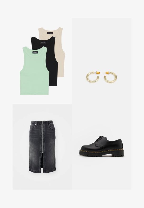 Trois débardeurs en vert menthe, noir et beige ; fabriqués en tissu côtelé avec un col rond et sans manches. Étiquette de marque visible.; Jupe en denim noir avec une fermeture éclair à l'avant, deux poches latérales, design mi-long et décoloration subtile. Présente une coupe droite et des bords ourlés.; Chaussure en cuir noir à lacets avec un bout arrondi, semelle en caoutchouc texturée et surpiqûre jaune autour de la base. Design plat et finition lisse.; Boucles d'oreilles en métal doré en forme d'anneau, avec une finition lisse et arrondie. Elles possèdent des accents orange à l'arrière pour un maintien sécurisé.