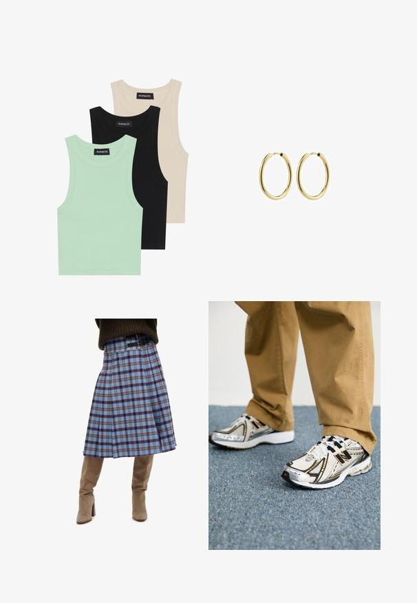 Trzy topy na ramiączkach w kolorze miętowym, czarnym i beżowym; wykonane z prążkowanej tkaniny, z okrągłym dekoltem i bez rękawów. Widać metkę marki.; Szaro-niebieska spódnica w kratę z plisowanym wzorem, z ciemnobrązowymi i żółtymi akcentami, w połączeniu z beżowymi zamszowymi kozakiem do kolan.; Białe i srebrne sneakersy New Balance z czarnymi akcentami i sznurówkami, z siateczkową cholewką, amortyzowaną podeszwą i dynamicznym wzornictwem.; Złote metalowe kolczyki w kształcie kół z gładkim wykończeniem, okrągłe, z bezpiecznym zapięciem. Polerowana powierzchnia bez widocznych wzorów lub akcentów.