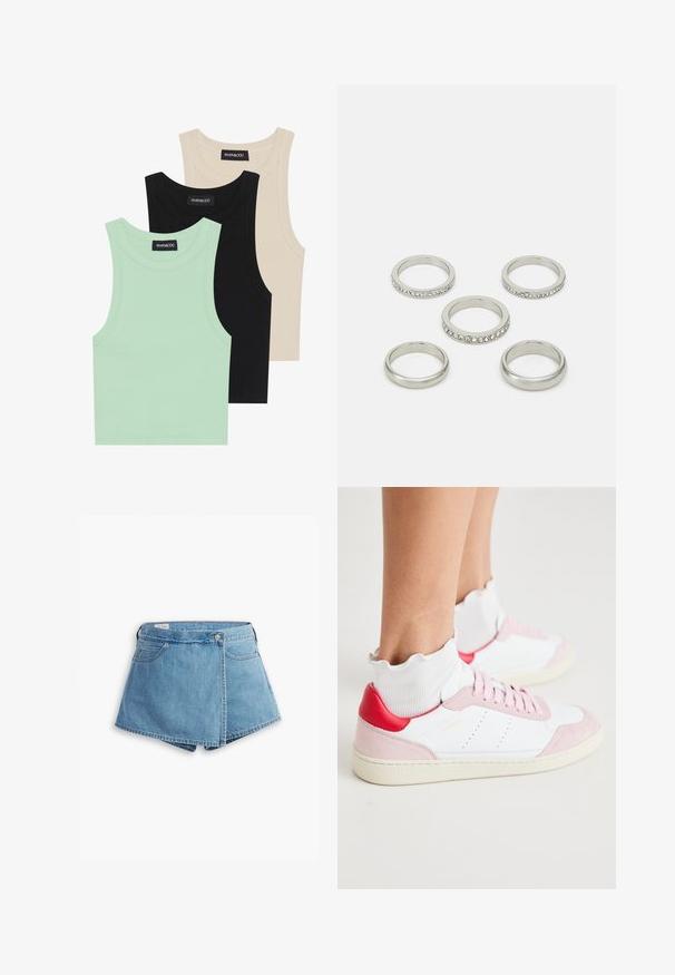 Három ujjatlan top menta zöld, fekete és bézs színben; bordázott anyagból készült, kerek nyakkivágással. A márkajelzés látható.; Világoskék farmer rövidnadrág, csavart kialakítással, elülső zsebekkel és fémből készült gombos záródással. Sima textúra, varrott szélekkel.; Fehér sportcipő rózsaszín velúr orral és sarokrészletekkel, piros sarkú füllel, és egy texturált fehér bokazoknival, amelynek fodros szélénél van.; Öt ezüst gyűrű különböző mintázatokkal, beleértve egyet, amelyen egy sor tiszta kő található. Simára polírozott és fényes fémfelület.