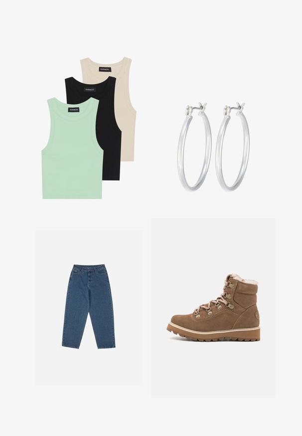 Trois débardeurs en vert menthe, noir et beige ; fabriqués en tissu côtelé avec un col rond et sans manches. Étiquette de marque visible.; Jean en denim bleu avec une coupe décontractée, taille haute, design à cinq poches et accents de couture. Dispose d'une fermeture par bouton et fermeture éclair.; Botte chelsea en suède marron avec doublure en fausse fourrure, œillets métalliques et une semelle en caoutchouc épaisse présentant un motif de traction texturé.; Boucles d'oreilles en argent avec une finition lisse et polie. Forme ronde et fermeture à clip sécurisée. Design léger adapté pour un port quotidien.