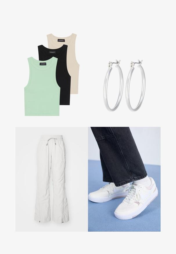 Tri majice bez rukava u boji mente, crnoj i bež boji; izrađene od rebraste tkanine s okruglim izrezom. Vidljiva oznaka branda.; Svijetlosivi cargo hlače od teksturiranog materijala, s elastičnim pojasom i vezicom, bočnim džepovima i patentnim zatvaračima na gležnjevima.; Bijele tenisice s ružičastim detaljima, glatka kožna gornja strana, okrugli vrh i vezanje sprijeda, uparene s crnim trapericama, odmaraju se na plavoj površini.; Srebrne kružne naušnice s glatkom, poliranom površinom. Okrugli oblik i sigurno kopčanje na klik. Lagani dizajn pogodan za svakodnevno nošenje.