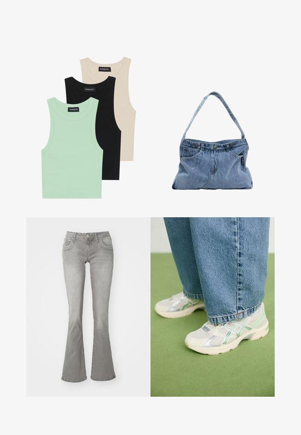 Tre tank toppe i mintgrøn, sort og beige; lavet af ribbet stof med rund hals og uden ærmer. Mærket er synligt.; Grå flagrende jeans med en middelhøj talje, frontlommer og knaplukning, lavet af denimstof med en glat tekstur.; Hvide og sølvfarvede mesh sneakers med grønne accenter, båret med løse blå jeans, stående på et grønt tæppe.; Denim skuldertaske med en buet rem, to forlommer og en knaplukning, der har lyseblåt stof og kontrasterende syninger.