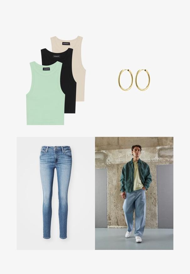 Trīs bezpiedurkņu topi mint zaļā, melnā un bēšā krāsā; izgatavoti no ribotas auduma ar apaļu dekoltē. Redzama zīmola etiķete.; Šauri džinsi gaiši zilā denima. Iekļauj piecas kabatas, rāvējslēdzēju ar metāla pogu un nelielu izbalēšanu gar kājām.; Zaļš bumbers ar gaismas dzeltenu polo, kopā ar brīvām zilo džinsu biksēm un baltām sporta apaviem. Gludi audumi, brīvs piegriezums, minimāls aprīkojums.; Zelta metāla gredzena auskari ar gludu apdari, apaļu formu un drošu aizdari. Nopulēta virsma bez redzamām rakstām vai akcentiem.