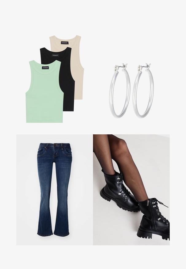 Kolme tanktoppi mintunvihreänä, mustana ja beigeenä; ribbikankaasta valmistettu, pyöreällä kaula-aukolla ja ilman hihoja. Brändilabel näkyvissä.; Tummansiniset farkut, joissa on leveä lahje ja keskikorkea vyötärö, viisi taskua sekä huomaamattomat ompeluyksityiskohdat saumoissa ja taskujen reunoissa.; Even&Odd Wide Fit Nauhalliset nilkkurit - black; Hope-silver rengas, joissa on sileä ja kiillotettu pinta. Pyöreä muoto ja turvallinen napsautettava lukitus. Kevyt muotoilu sopii päivittäiseen käyttöön.